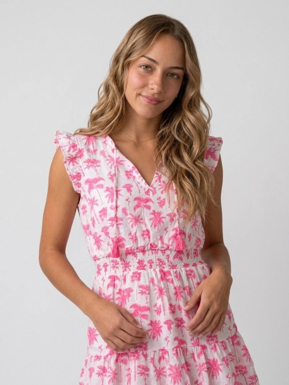 VINEYARD VINES Pink and White Palm Print Smocked Flutter Sleeve Dress Sz S